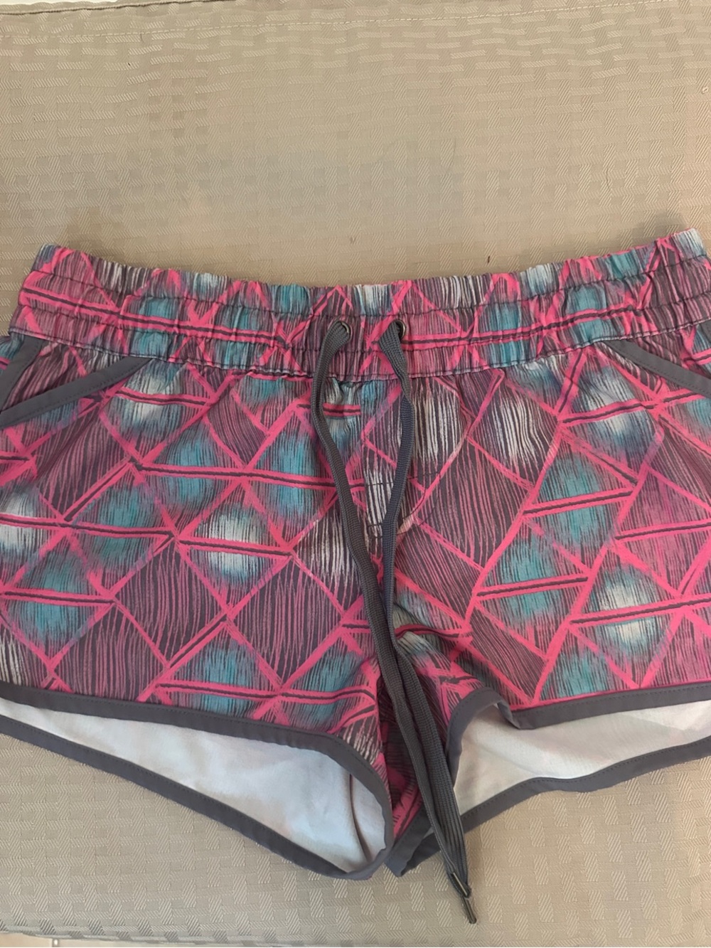 Hang Ten Pink Geometric Running Shorts with Teal Accents